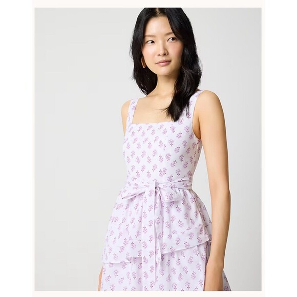 J. CREW Sleeveless Belted Tiered Midi Dress Size 4 White NEW Floral Preppy CK670 - Picture 3 of 13
